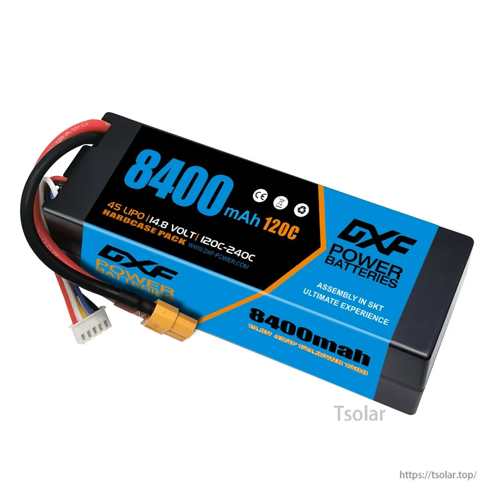 DXF Lipo Battery, DXF Power 8400mAh 4S LiPo battery, 14.8V 120C-240C, hardcase, CE certified, includes connector and balance plug, assembled in SKT for high performance and safety.