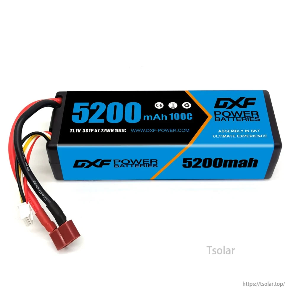 DXF Lipo Battery, DXF Power 5200mAh 100C 11.1V 3S1P battery, 57.72WH, SKT assembly, high performance. Visit dxf-power.com for more. (24 words)