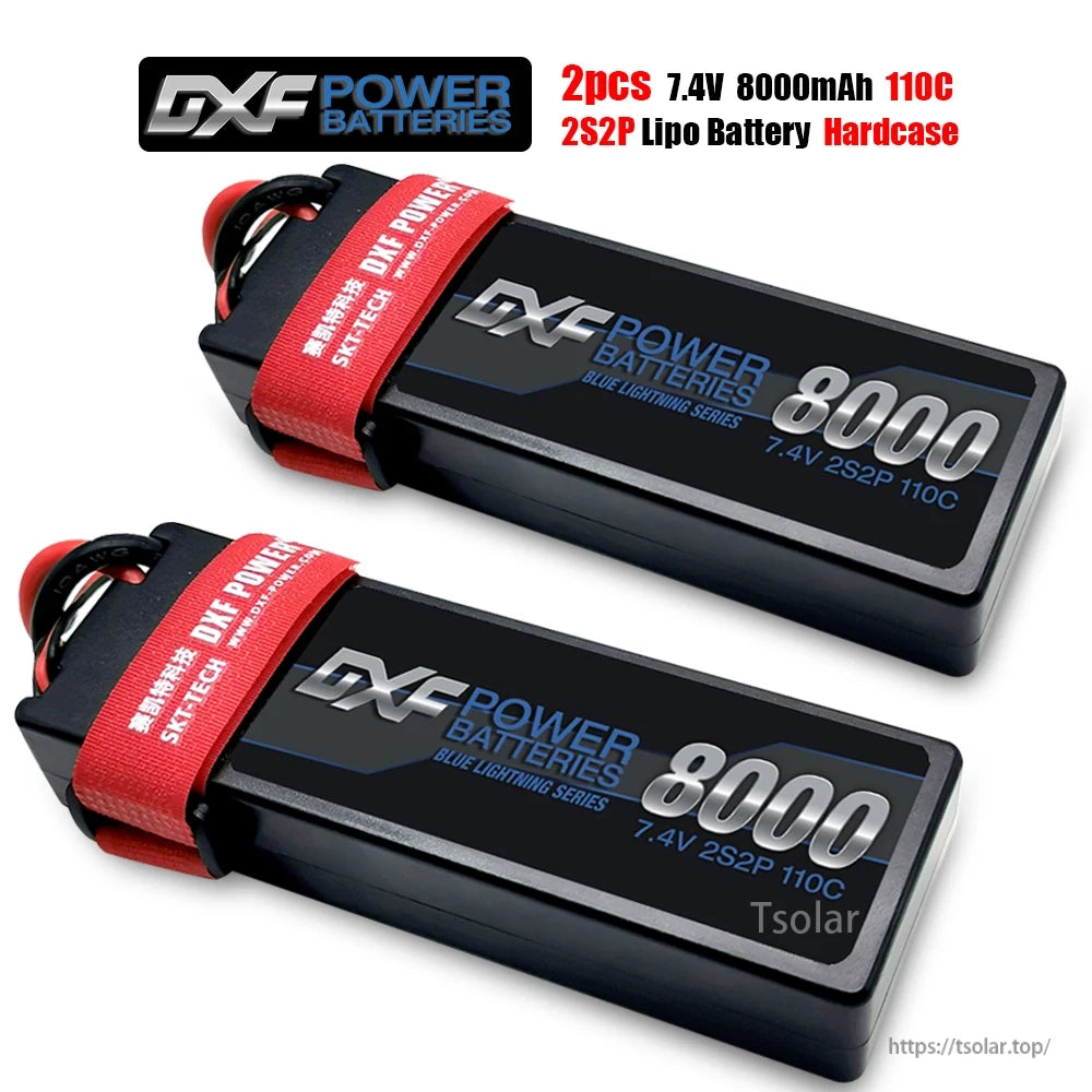 DXF Lipo Battery, DXF POWER Blue Lightning 8000mAh 7.4V 110C LiPo battery (2 pcs), hardcase, red strap, connector protection, ideal for high-performance use.