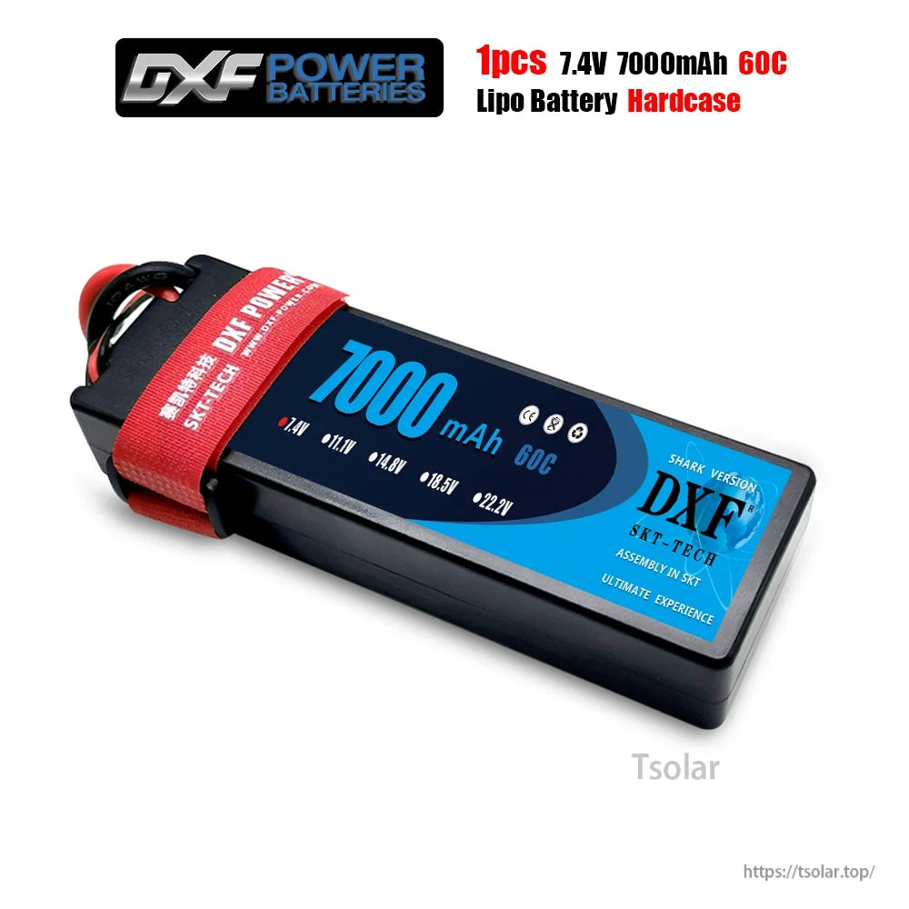 DXF Lipo Battery, 7.4V 7000mAh 60C DXF Power Lipo battery, Shark Version, hard case, red strap and connector, SKT-TECH assembly for ultimate performance.