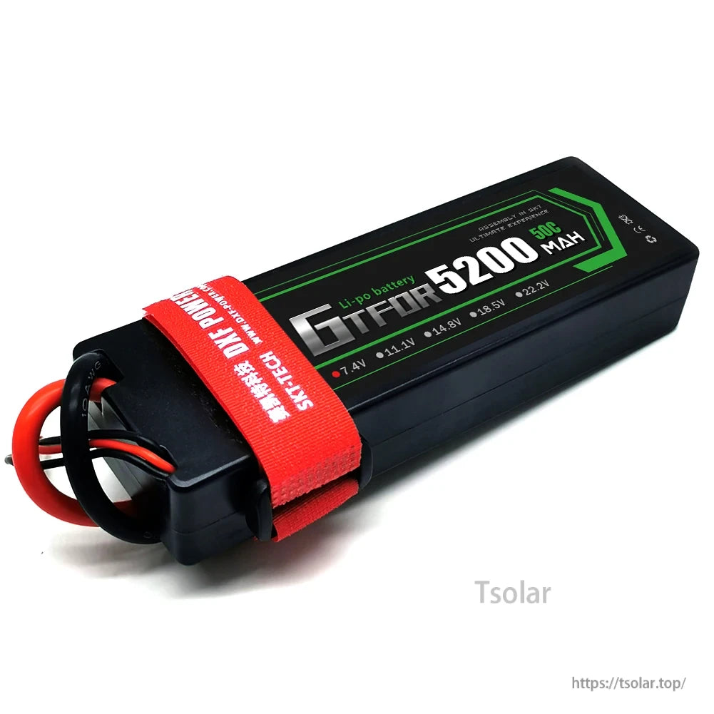 DXF Lipo Battery, DXF TECH GTFLIP 5200mAh 50C Li-po battery offers high performance and durability with a red strap, operating at 7.4V-22.2V.