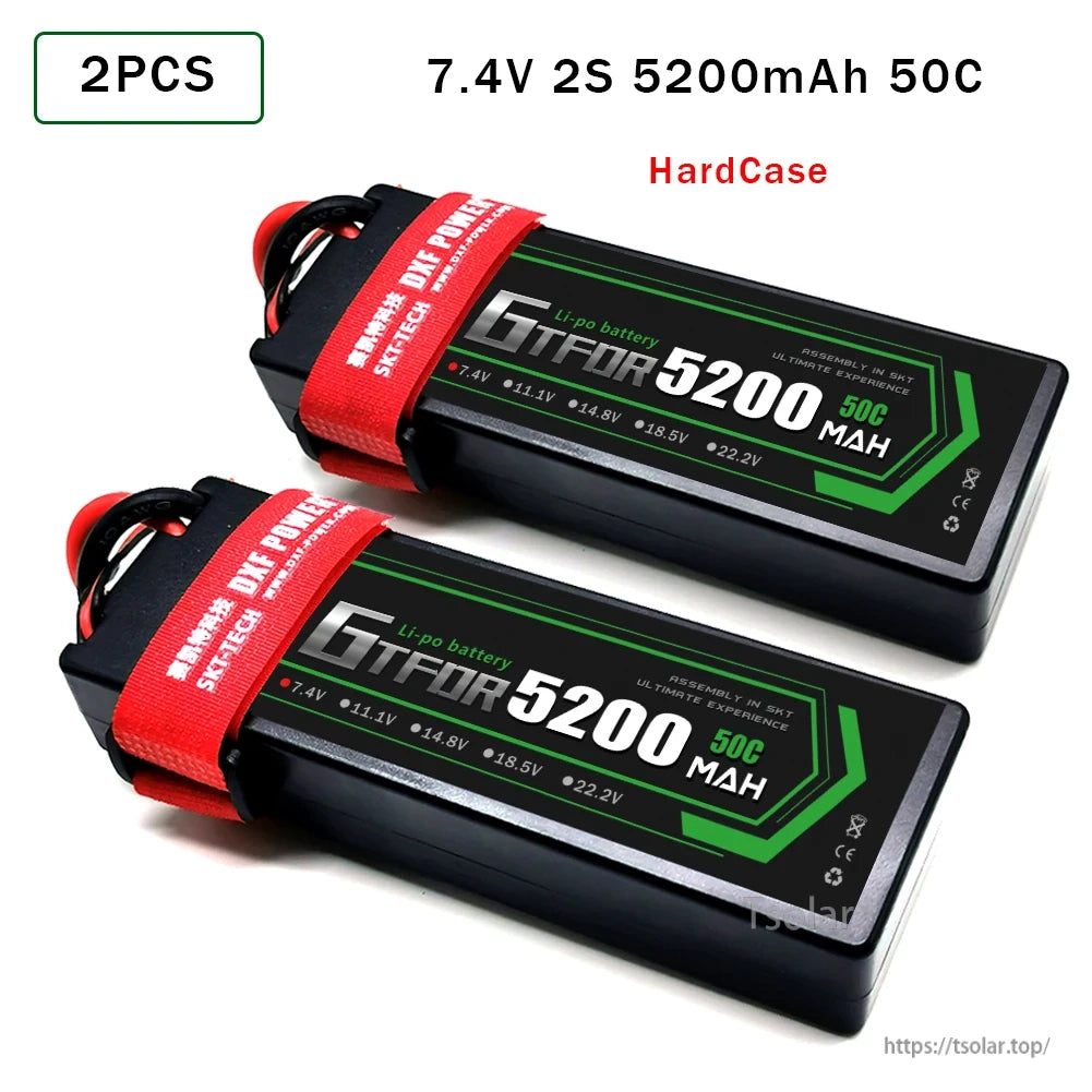 DXF Lipo Battery, Two 7.4V 2S 5200mAh 50C Li-po batteries, SKT-assembled, high discharge rate, multiple voltage options.