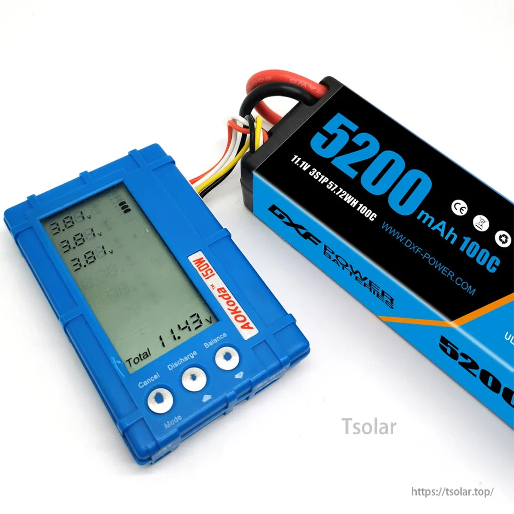 DXF Lipo Battery, DXF 5200mAh 11.1V 3S LiPo battery with 100C discharge rate and balance charger showing voltage readings.