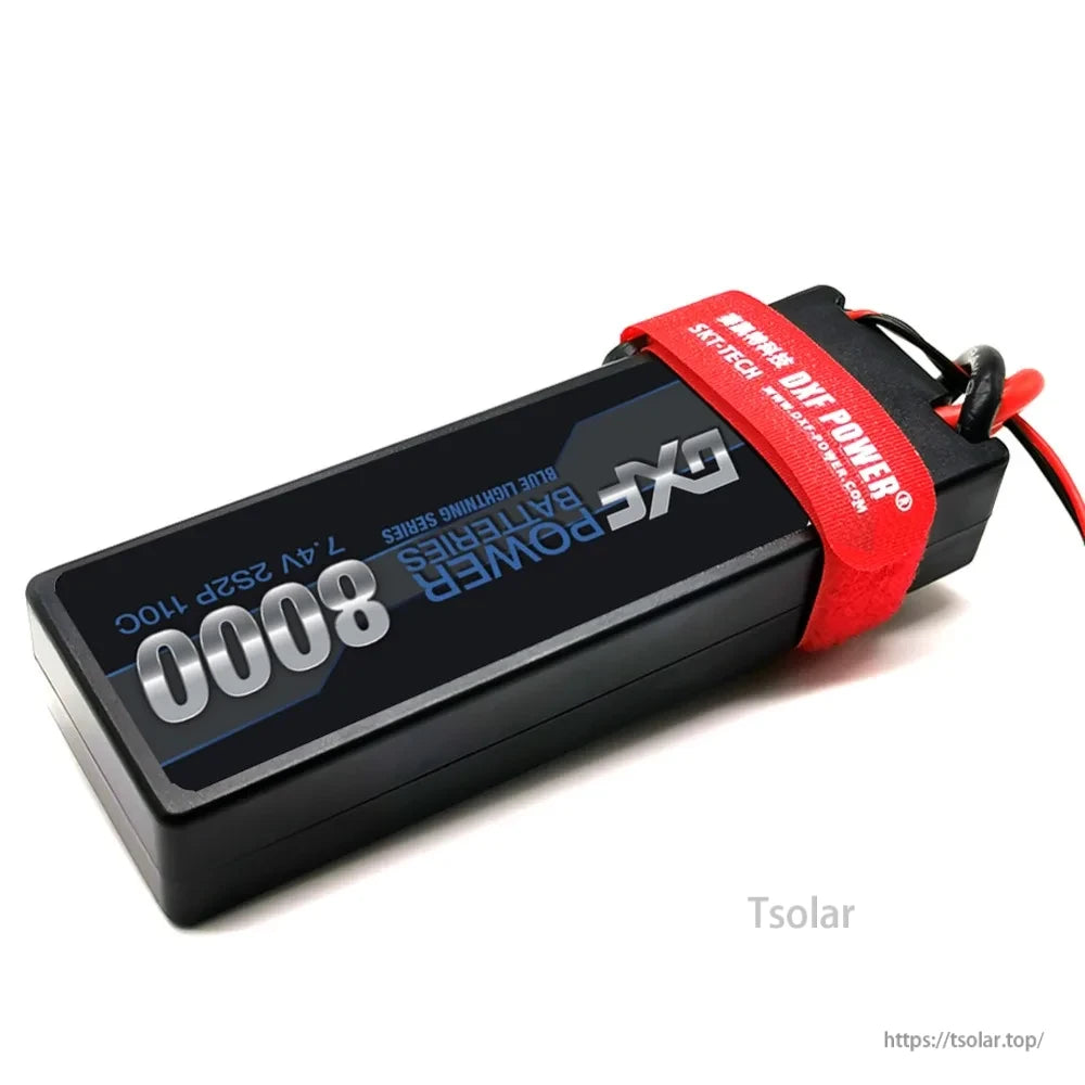 DXF Lipo Battery, DXF POWER 8000mAh 7.4V 110C Blue Lightning Series battery, 2S2P configuration, includes red strap and wires.