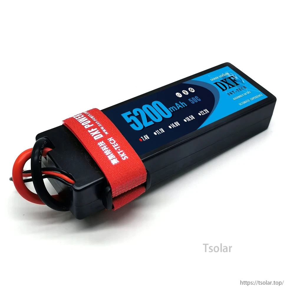DXF Lipo Battery, DXF SKY-TECH 5200mAh 50C LiPo battery, 7.4V–22.2V, shock-resistant, red strap with logo, SKT-assembled for ultimate performance.