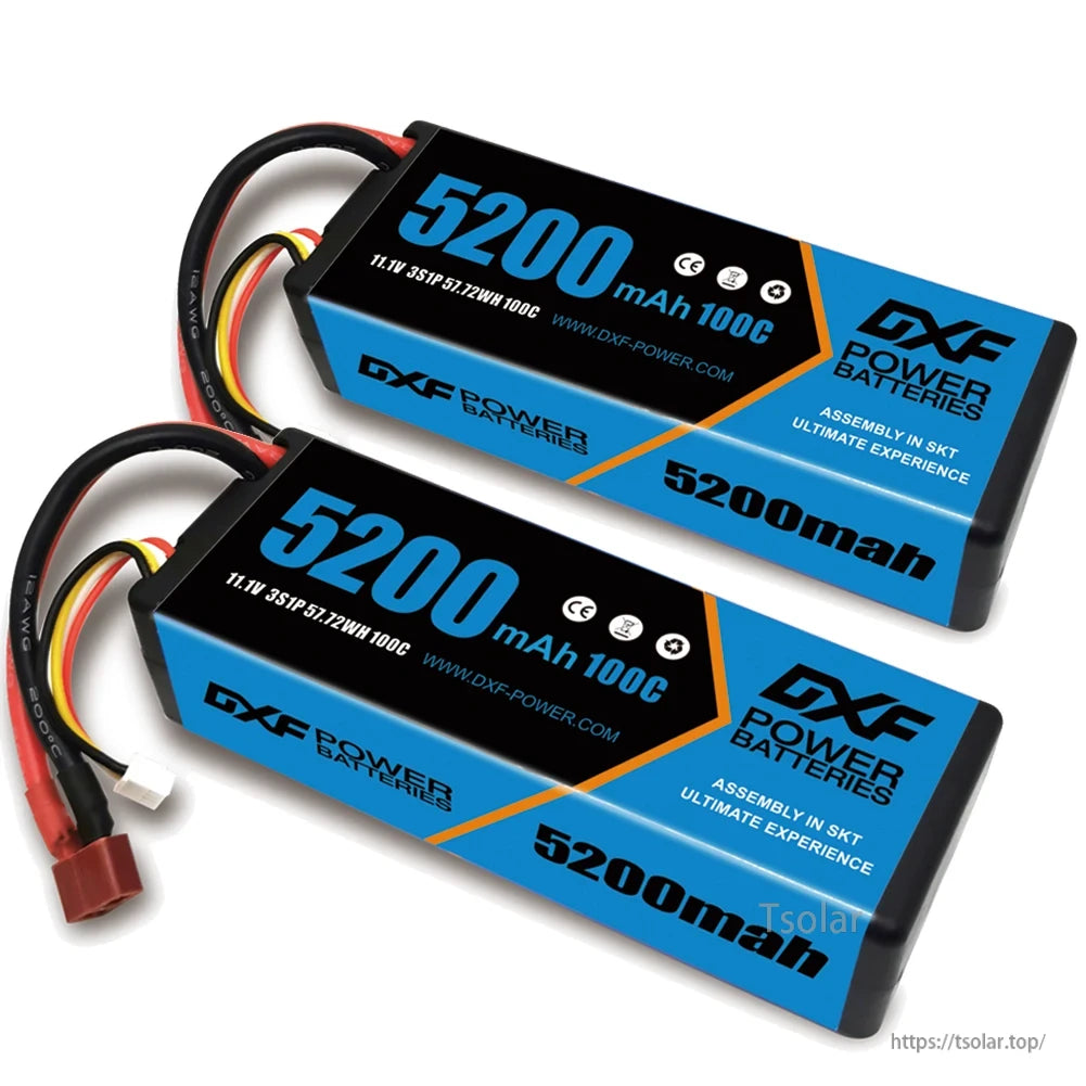 DXF Lipo Battery, DXF Power 5200mAh 100C 11.1V battery, CE certified, SKT assembly. High performance, ultimate experience. Visit www.dxf-power.com. (24 words)