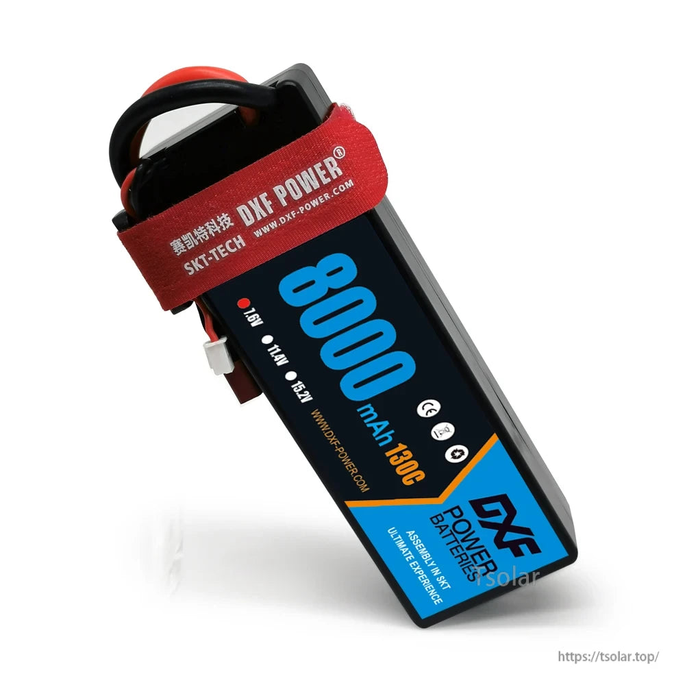 DXF Lipo Battery, DXF POWER 8000mAh 130C LiPo battery offers 7.4V-15.2V output with SKT-TECH assembly for high-performance power delivery in RC applications.