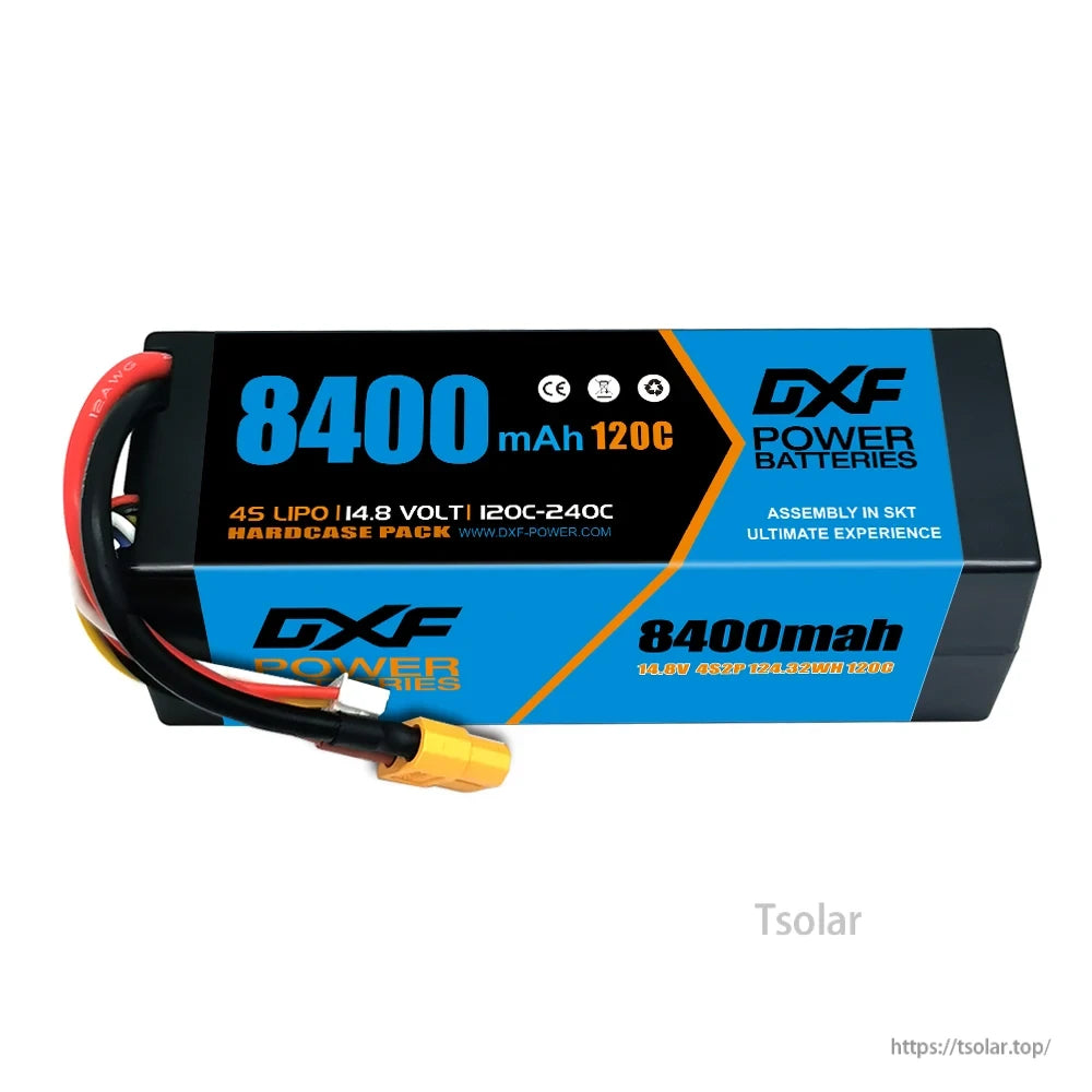 DXF Lipo Battery, DXF Power 8400mAh 4S LiPo battery, 14.8V, 120C-240C discharge, SKT-assembled hardcase pack, 124.32Wh capacity for ultimate performance.