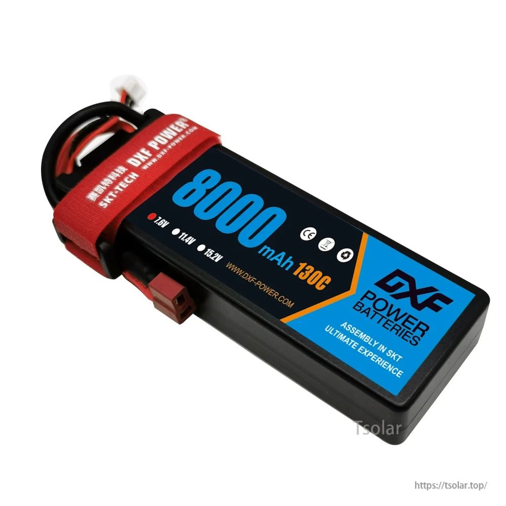 DXF Lipo Battery, DXF Power 8000mAh 15.2V LiPo battery, 130C, SKT-Tech assembled, CE certified, with red strap and black casing for ultimate performance.