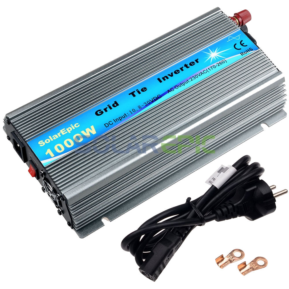 1000W Solar Grid Tie Inverter, SolarEPIC 1000W grid tie inverter in finned aluminum case with power cord and two ring terminals