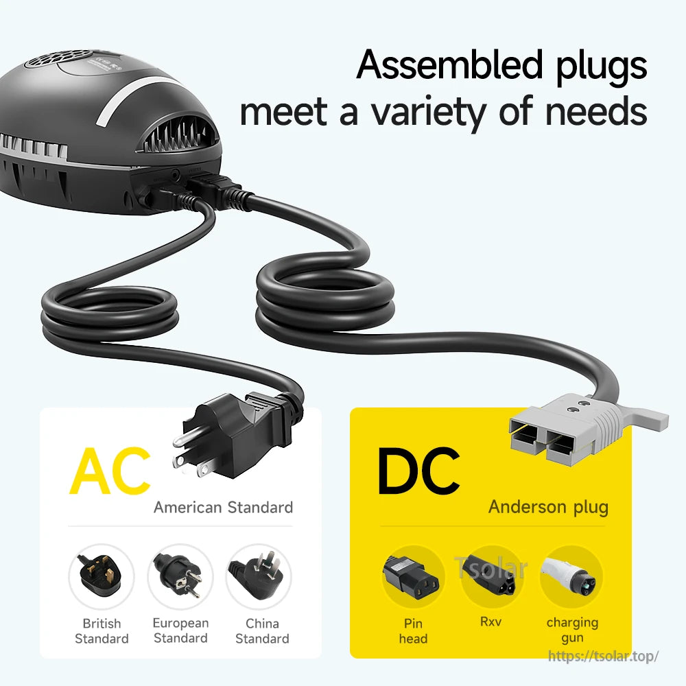 Assembled plug options graphic showing AC power plug types and DC Anderson plug connectors