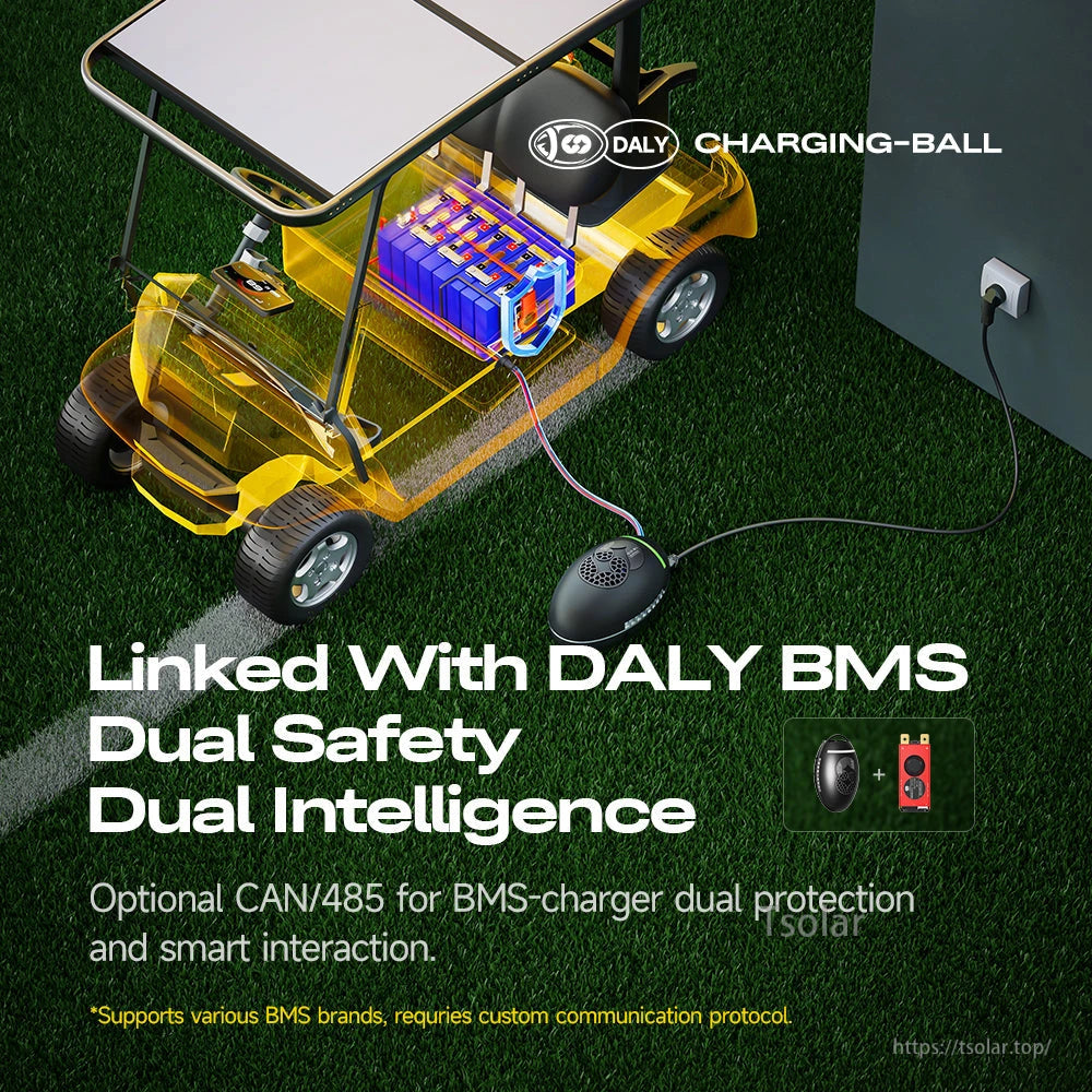 Graphic showing charger linked with DALY BMS, optional CAN/485 communication for dual protection