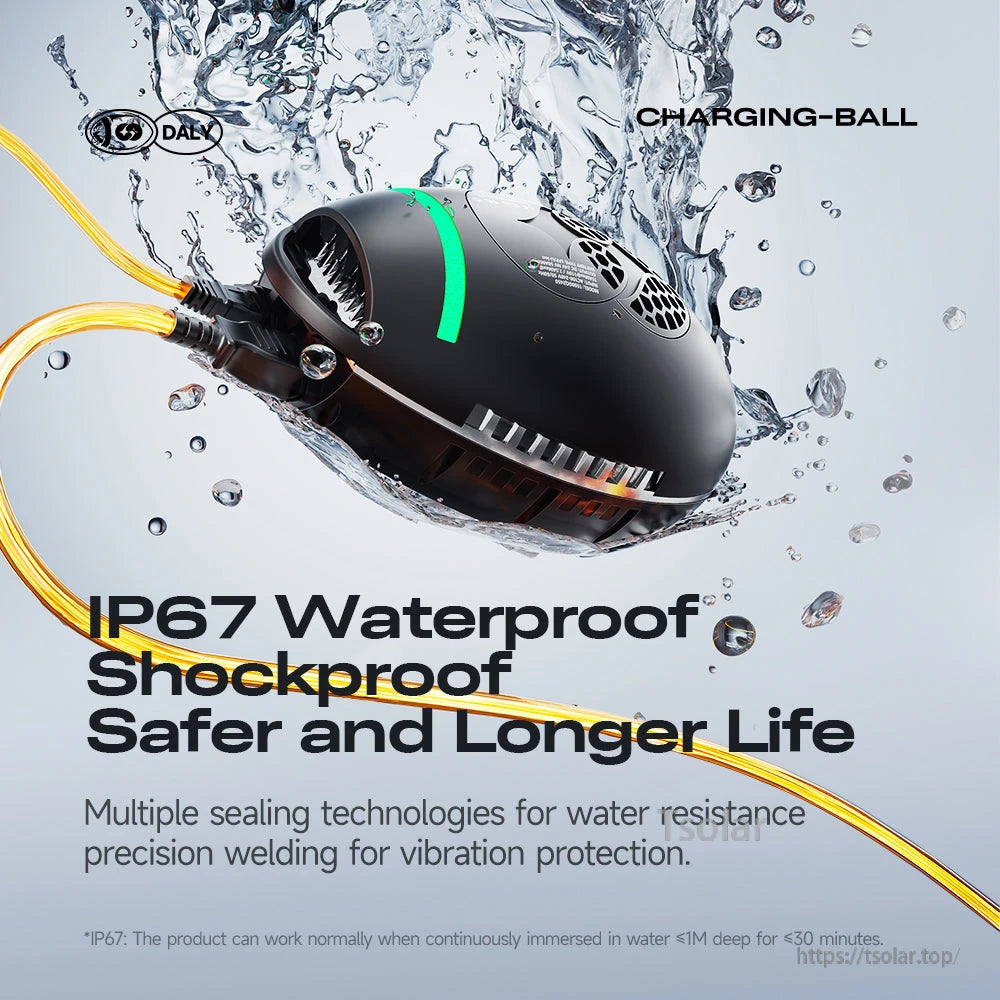 IP67 waterproof and shockproof graphic showing charger splashed with water and sealed cable connections