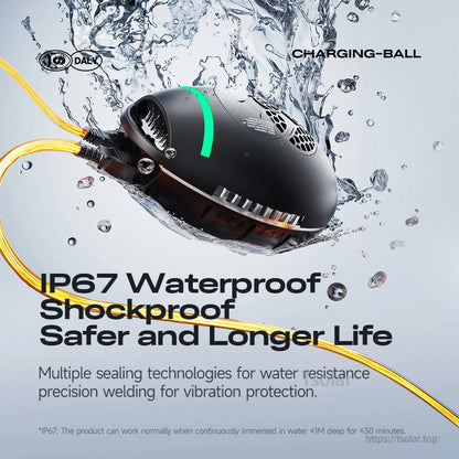 IP67 waterproof and shockproof graphic showing charger splashed with water and sealed cable connections