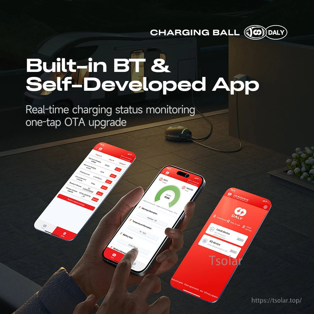 Built-in Bluetooth and mobile app monitoring graphic showing real-time charging status and OTA upgrade