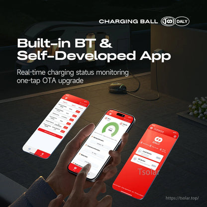 Built-in Bluetooth and mobile app monitoring graphic showing real-time charging status and OTA upgrade