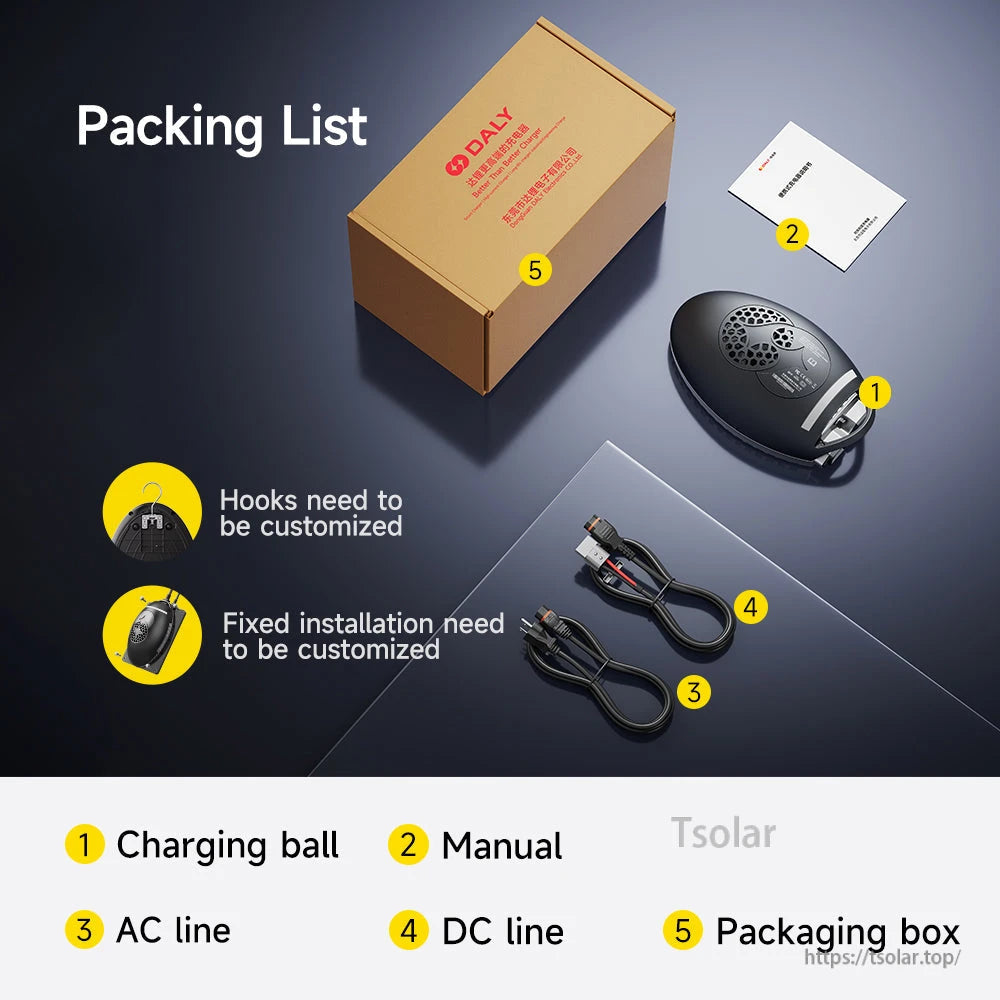 Package contents list: charging ball unit, manual, AC line, DC line, and packaging box