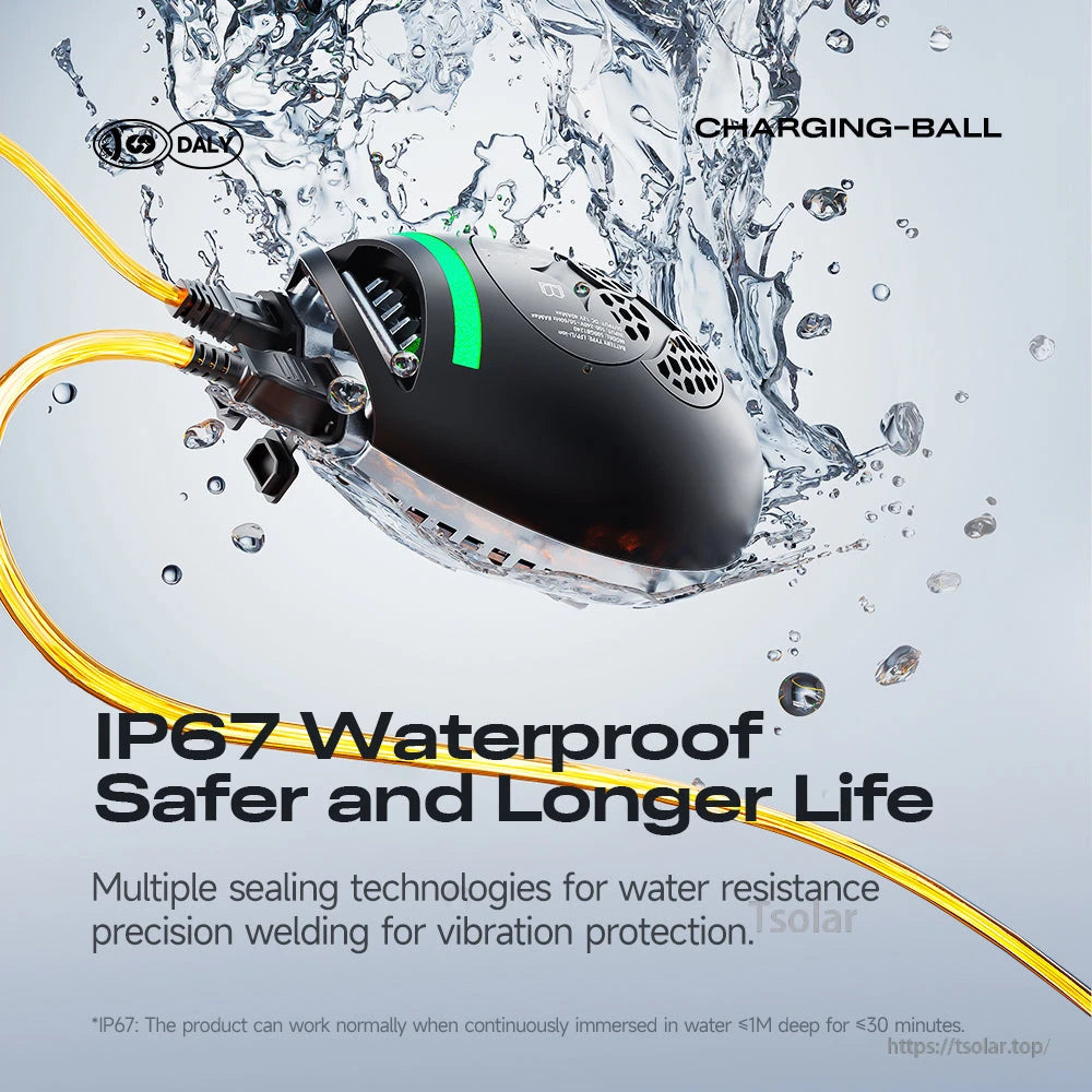 Daly IP67 waterproof lithium battery charger shown splashing in water with sealed cable connections