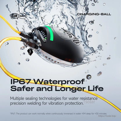 Daly IP67 waterproof lithium battery charger shown splashing in water with sealed cable connections