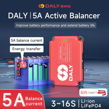 DALY 5A Active Balancer infographic showing energy transfer balancing on a battery pack, 3–16S