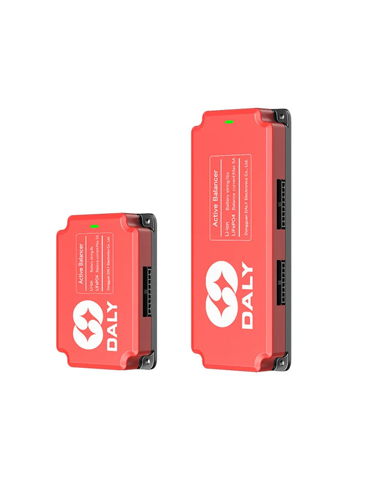 DALY 5A Active Balancer module front view showing two case sizes with balance lead ports