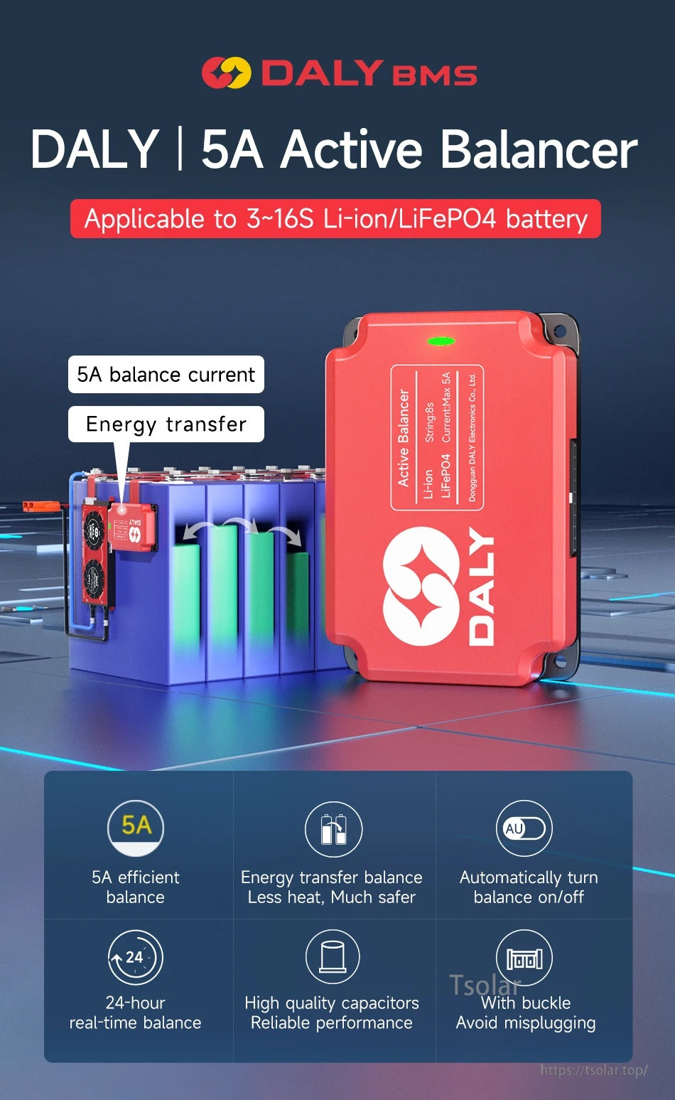 DALY 5A Active Balancer module for 3–16S Li-ion/LiFePO4 packs, featuring energy-transfer active balancing