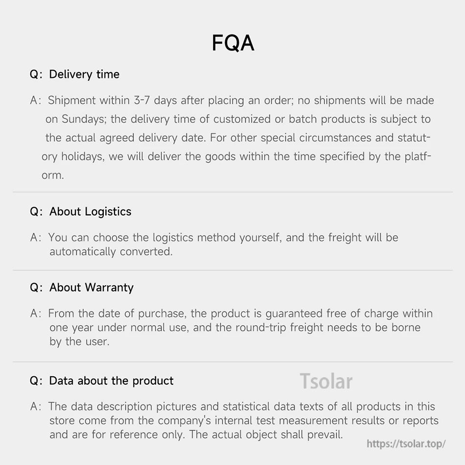 FAQ panel covering delivery time, logistics options, warranty information, and product data reference note