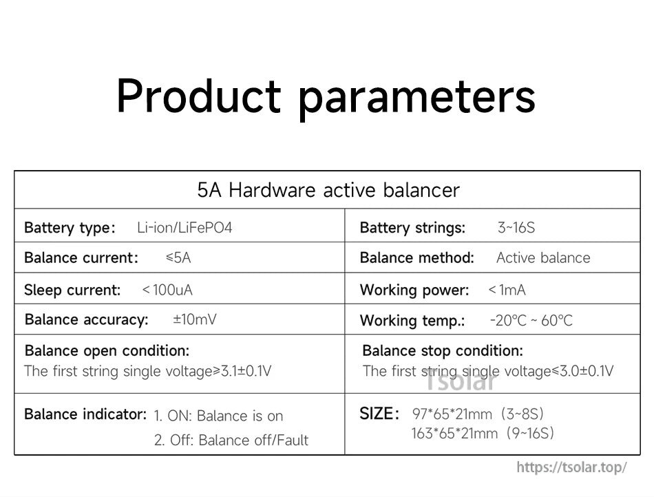 Product parameters table for 5A hardware active balancer: 3–16S Li-ion/LiFePO4, ≤5A, ±10 mV accuracy