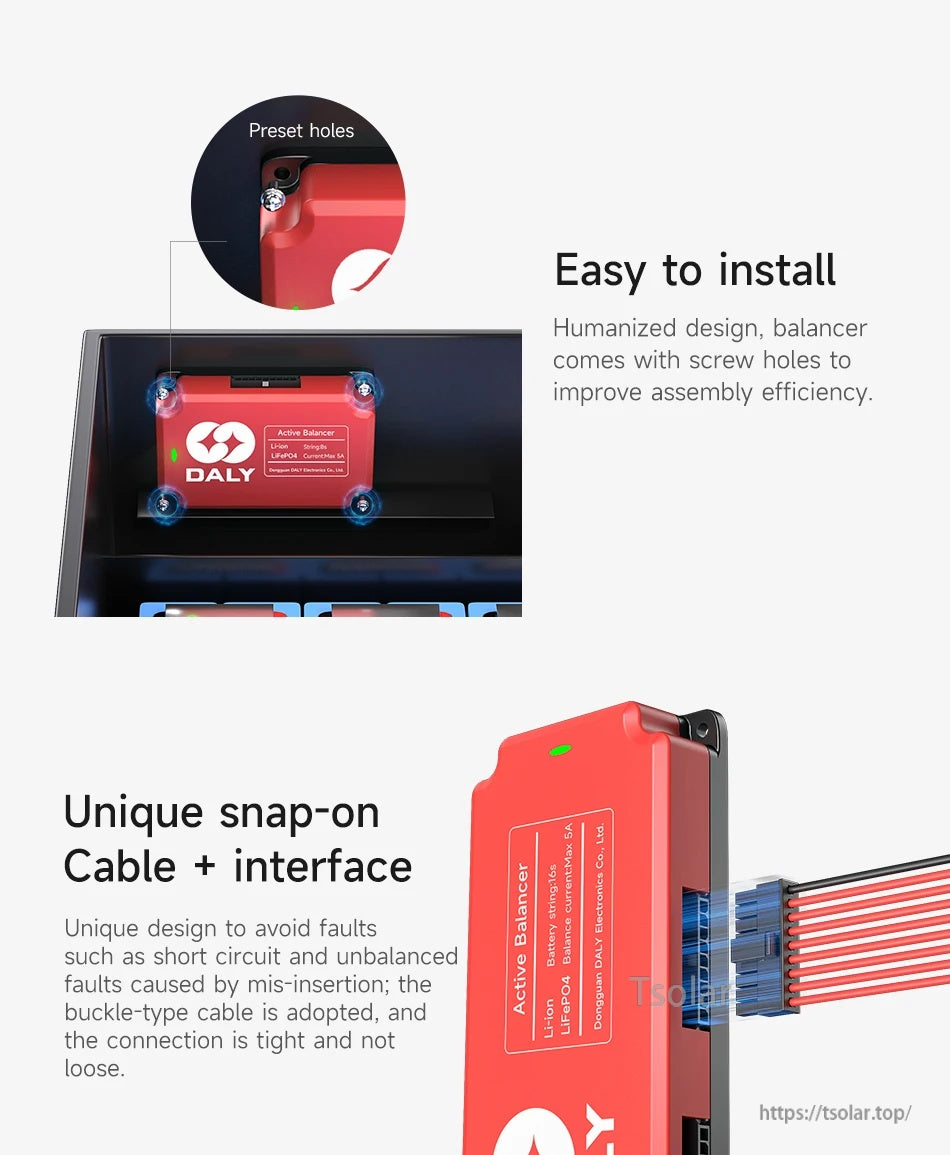 Installation detail showing preset mounting holes and snap-on buckle cable interface to help avoid misplugging