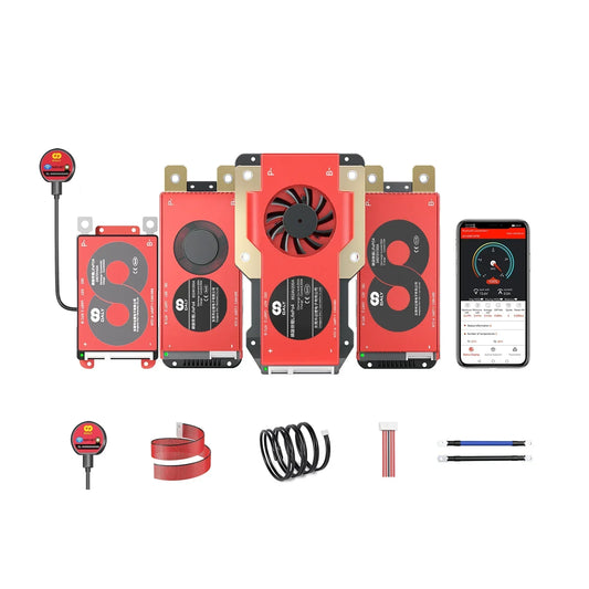 DALY Smart BMS lineup with WiFi+BT module, wiring harnesses, and app display on smartphone
