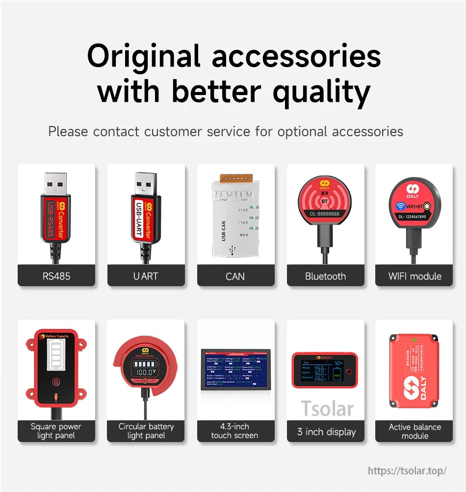 Optional Daly SMART H Series BMS accessories including RS485/UART/CAN adapters, Bluetooth/WiFi modules, displays, and balancer