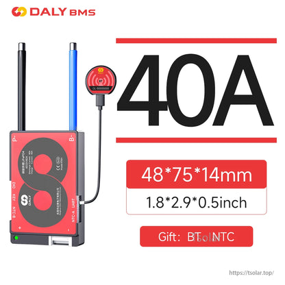 40A rating card with Daly logo, BMS module on left, and red size panel 48 x 75 x 14 mm