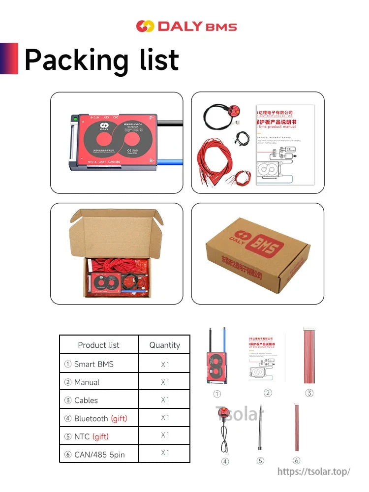 Packing list graphic showing smart BMS, cables, manual, Bluetooth module, NTC sensor, and retail box