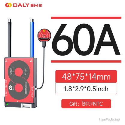 60A current rating graphic showing Daly BMS with Bluetooth module and size listed as 48 x 75 x 14 mm