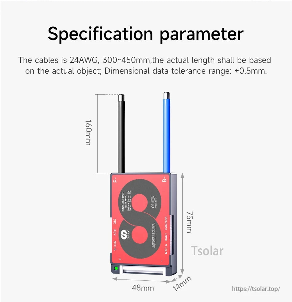 Daly SMART H Series Smart BMS dimensions with cable note: 75×48×14mm body and 24AWG leads