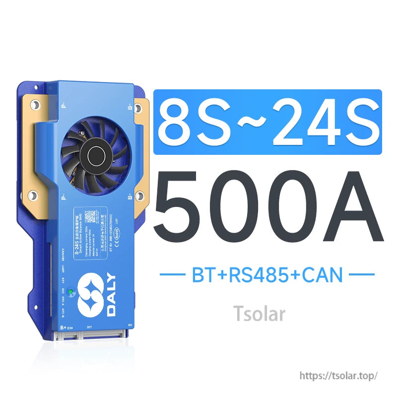 Daly smart active balance BMS 500A for 8S–24S packs with cooling fan and BT, RS485, CAN ports