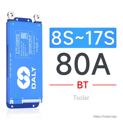 Daly smart active balance BMS 80A BT for 8S–17S battery packs, blue module with terminals and balance plug