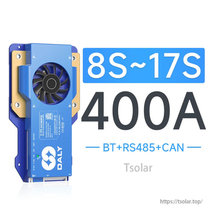 Daly smart active balance BMS with cooling fan, labeled 8S–17S 400A and BT, RS485, CAN ports