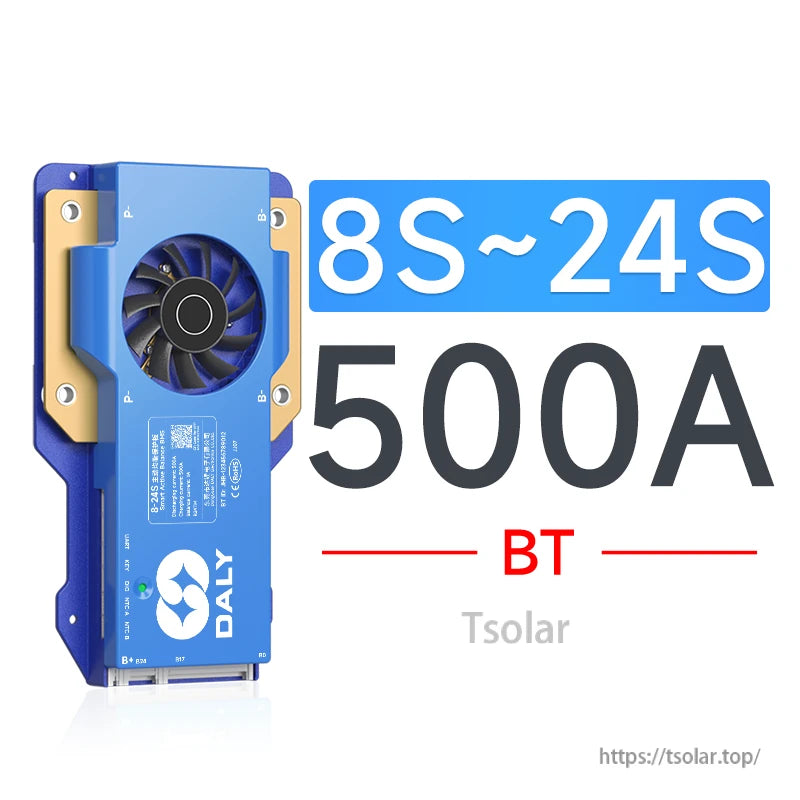 Daly smart active balance BMS with cooling fan, labeled 8S–24S and 500A, BT Bluetooth support