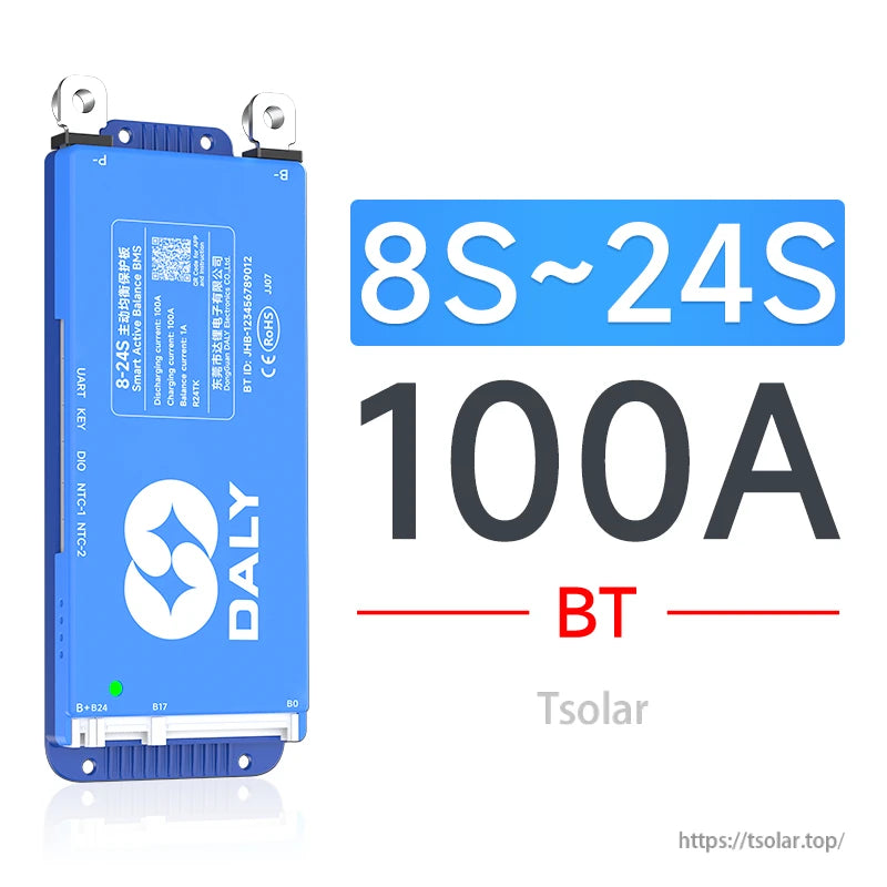 Daly smart active balance BMS, 8S–24S 100A Bluetooth unit in blue case with terminal tabs