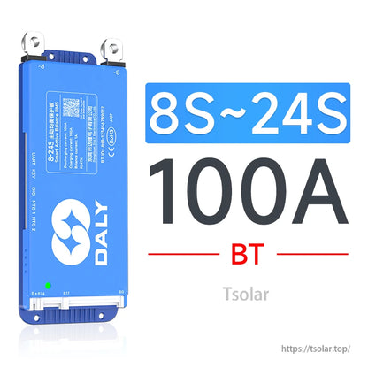 Daly smart active balance BMS, 8S–24S 100A Bluetooth unit in blue case with terminal tabs