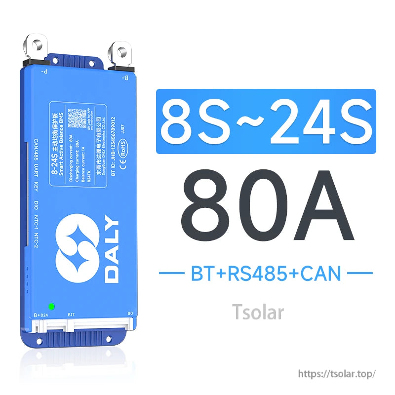 Daly smart active balance BMS 80A for 8S–24S packs with BT, RS485 and CAN ports in blue case