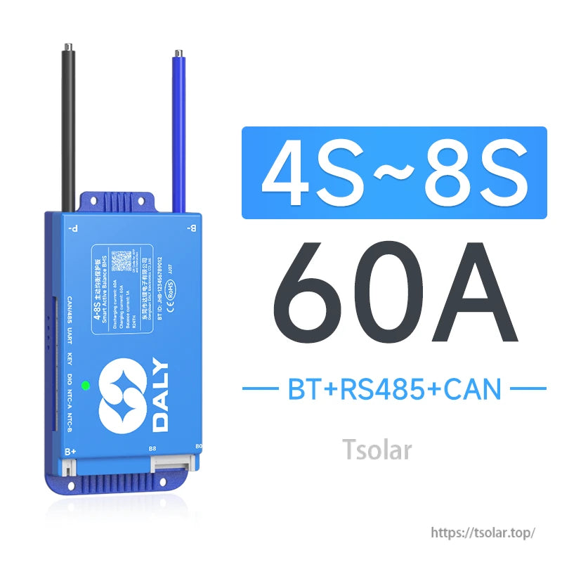 4S–8S 60A BMS graphic showing BT + RS485 + CAN communication options beside the blue module