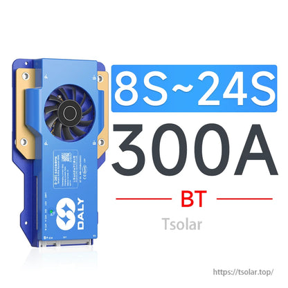 Daly smart active balance BMS module with cooling fan, labeled 8S–24S 300A and BT
