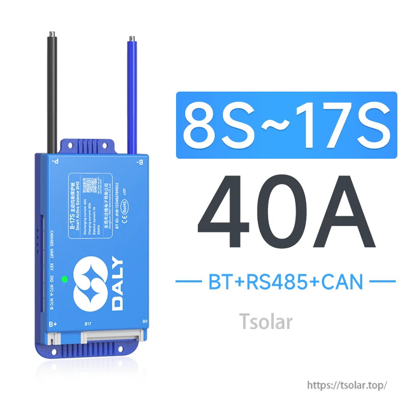 8S–17S 40A BMS graphic showing BT + RS485 + CAN communication options and blue Daly module