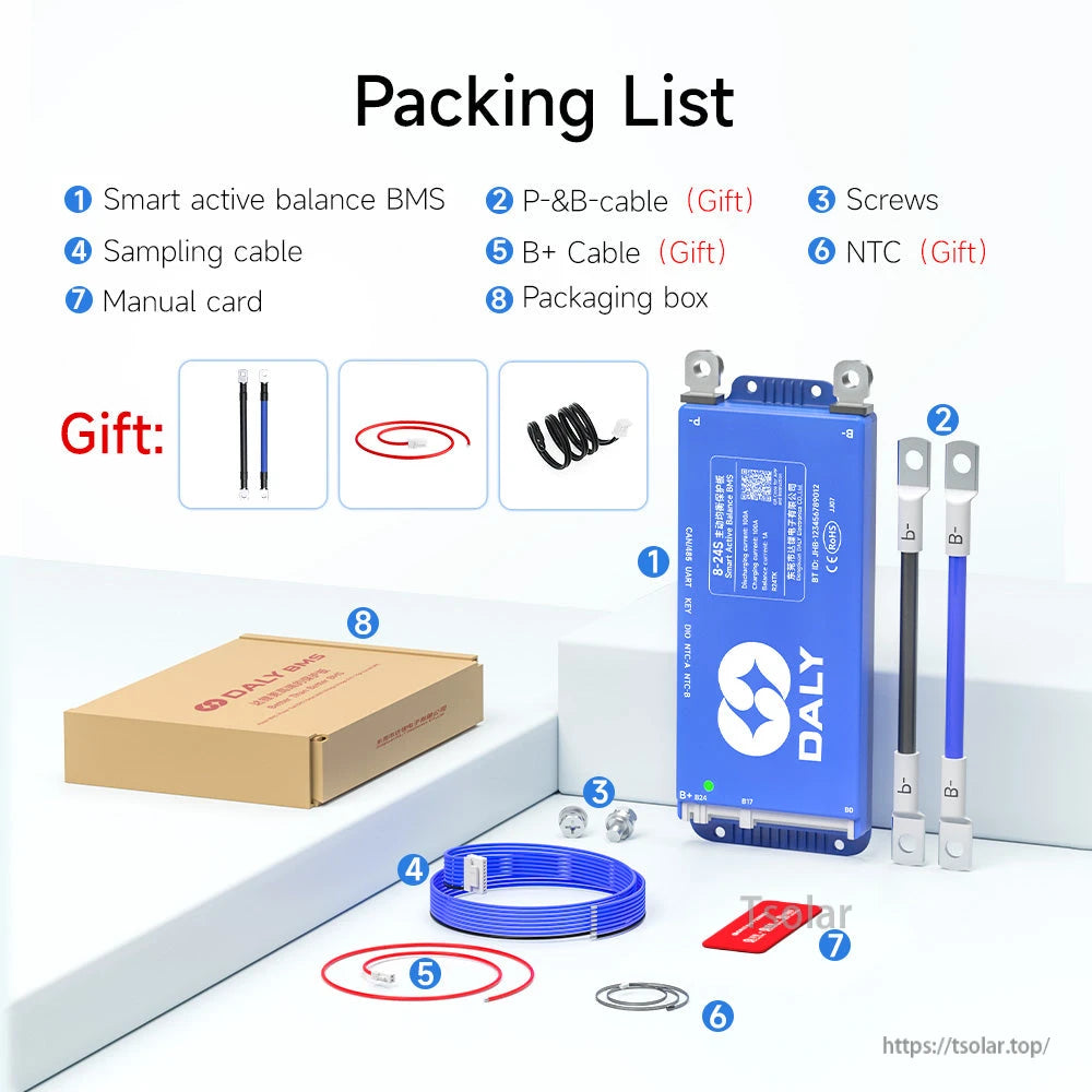 Packing list showing BMS plus cables, screws, sampling cable, NTC, manual card, and packaging box
