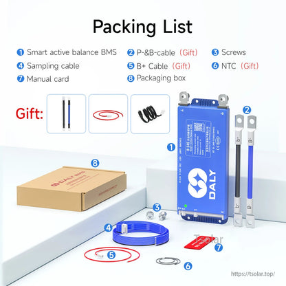 Packing list showing BMS plus cables, screws, sampling cable, NTC, manual card, and packaging box