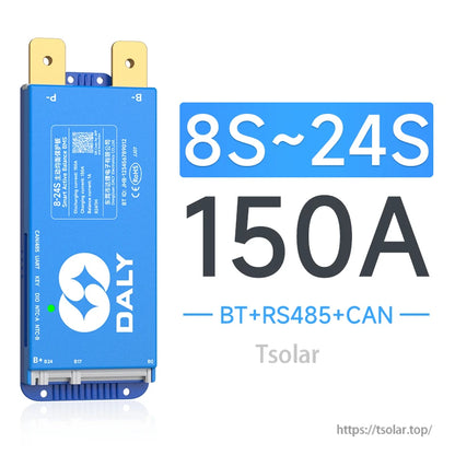 Daly smart active balance BMS 8S–24S 150A in blue case with BT, RS485 and CAN communication