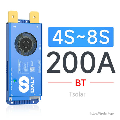 Daly smart active balance BMS 4S–8S 200A with BT, blue module with cooling fan and terminals