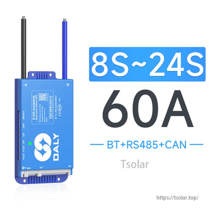 8S–24S 60A BMS graphic showing BT + RS485 + CAN communication options with blue Daly module